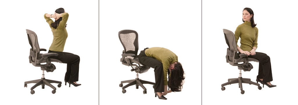 a woman performs back stretches in her desk chair