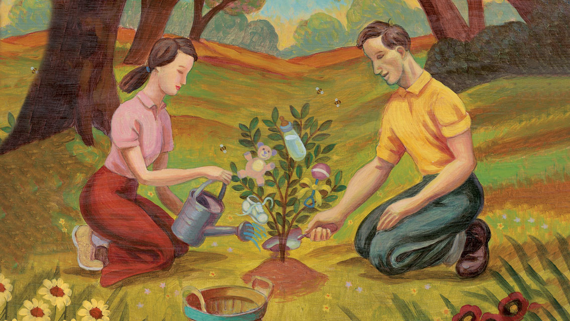 illustration of a couple planting a small bush with baby items on it