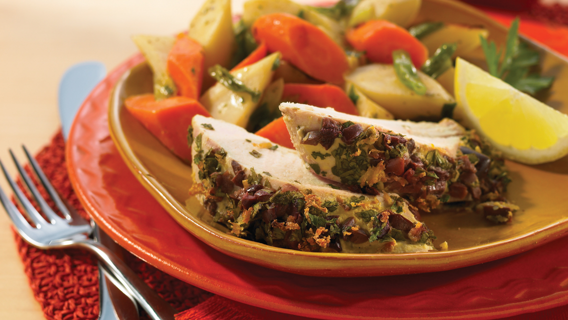 herbed chicken breast with a side of roasted vegetables