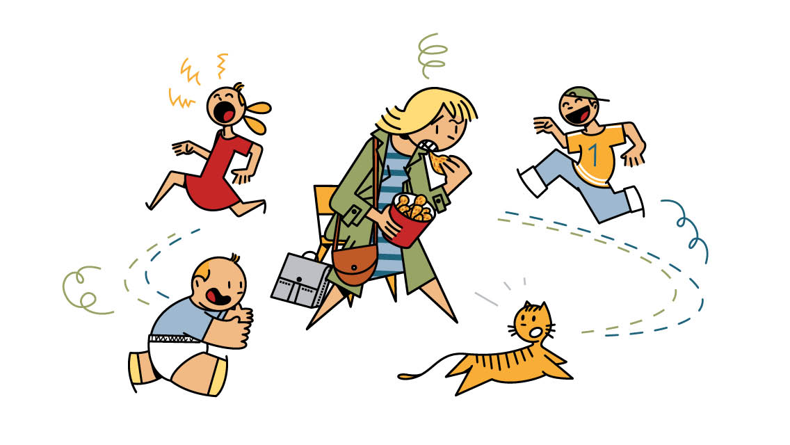 an illustration of a working mom eating something with her 3 kids and cat running around her
