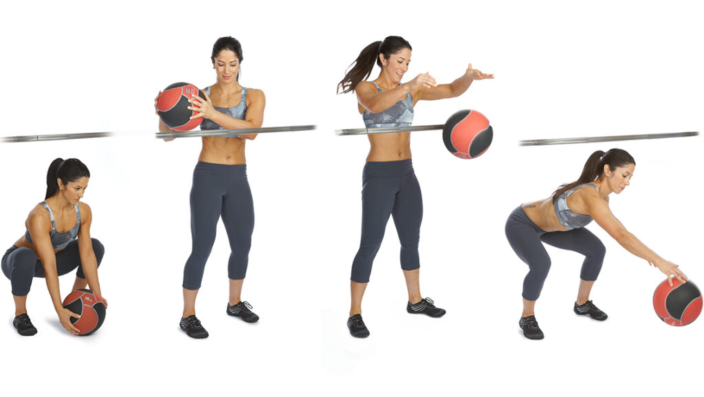 a woman picks up and drops a weighted med ball over a bar
