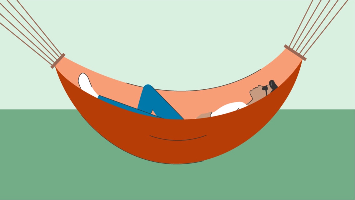 An illustration of a man wearing sunglasses laying in a hammock.