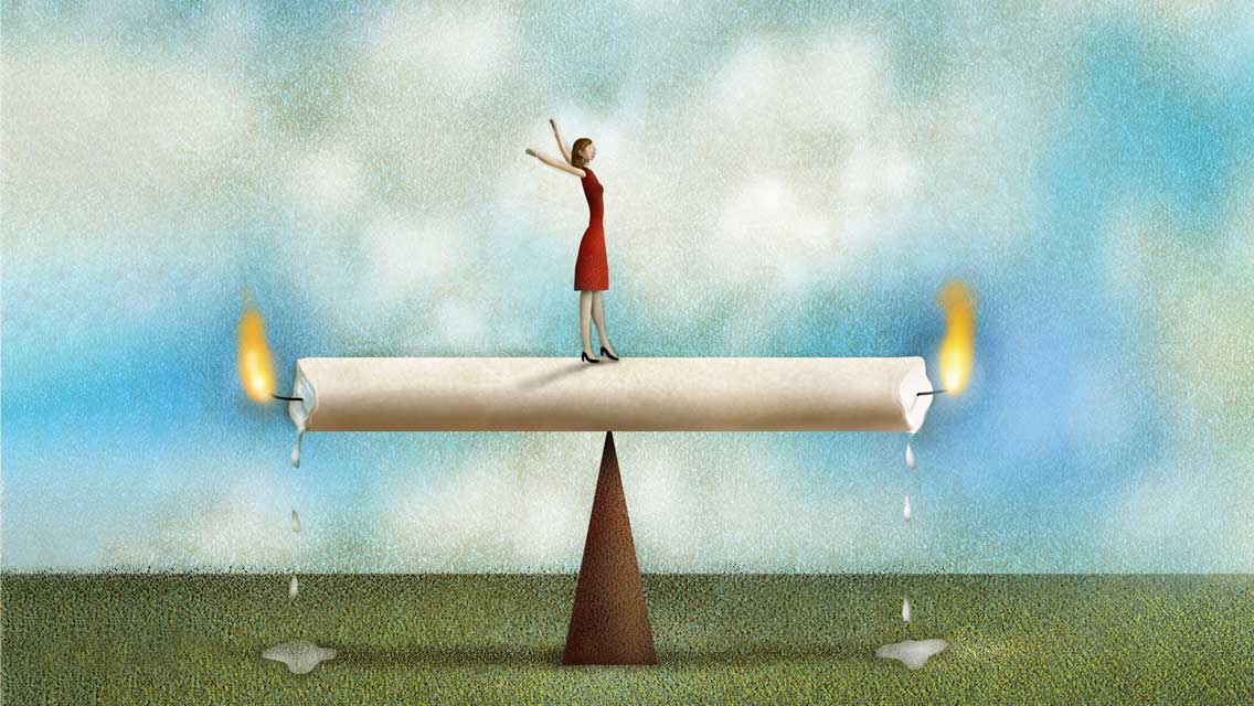 illustration of a person balancing on a horizontal candle with both ends burning