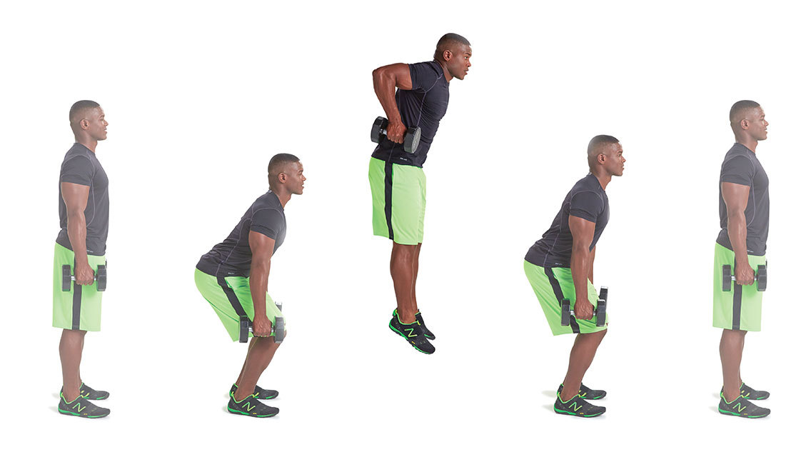 a man performs a squat to a hop with dumbbells