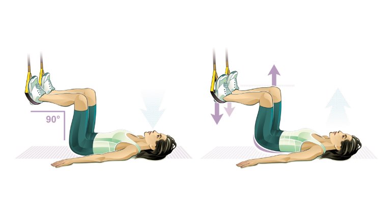 Illustration of a woman doing a TRX hip lift with exhalation.