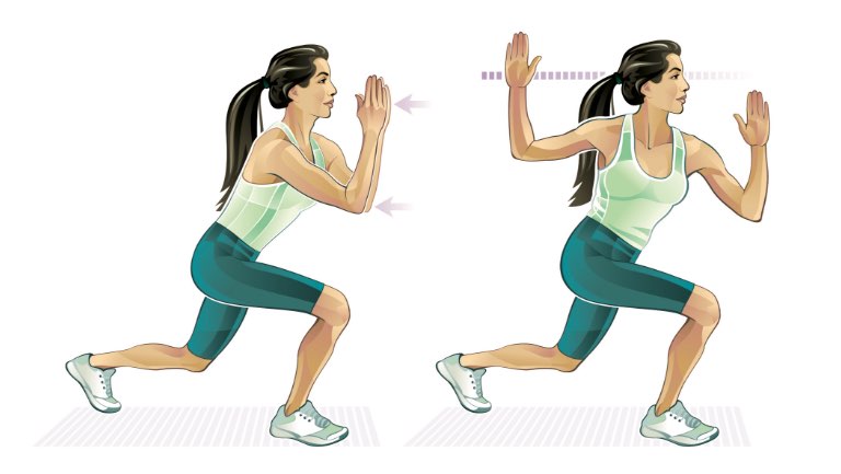 Illustration of a woman doing a lunge with a high guard.