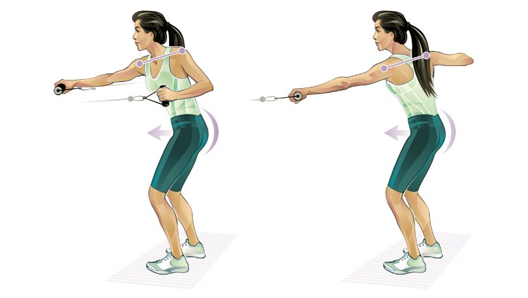 Illustration of a woman doing a cable push-pull.