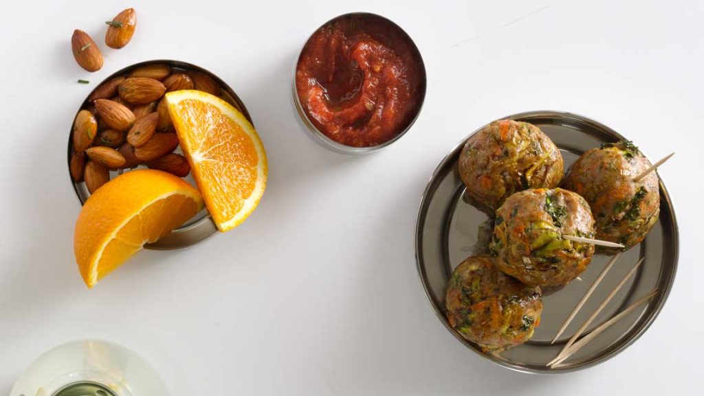 meatballs, fruit and nuts