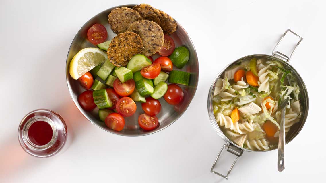 chicken noodle soup and salad