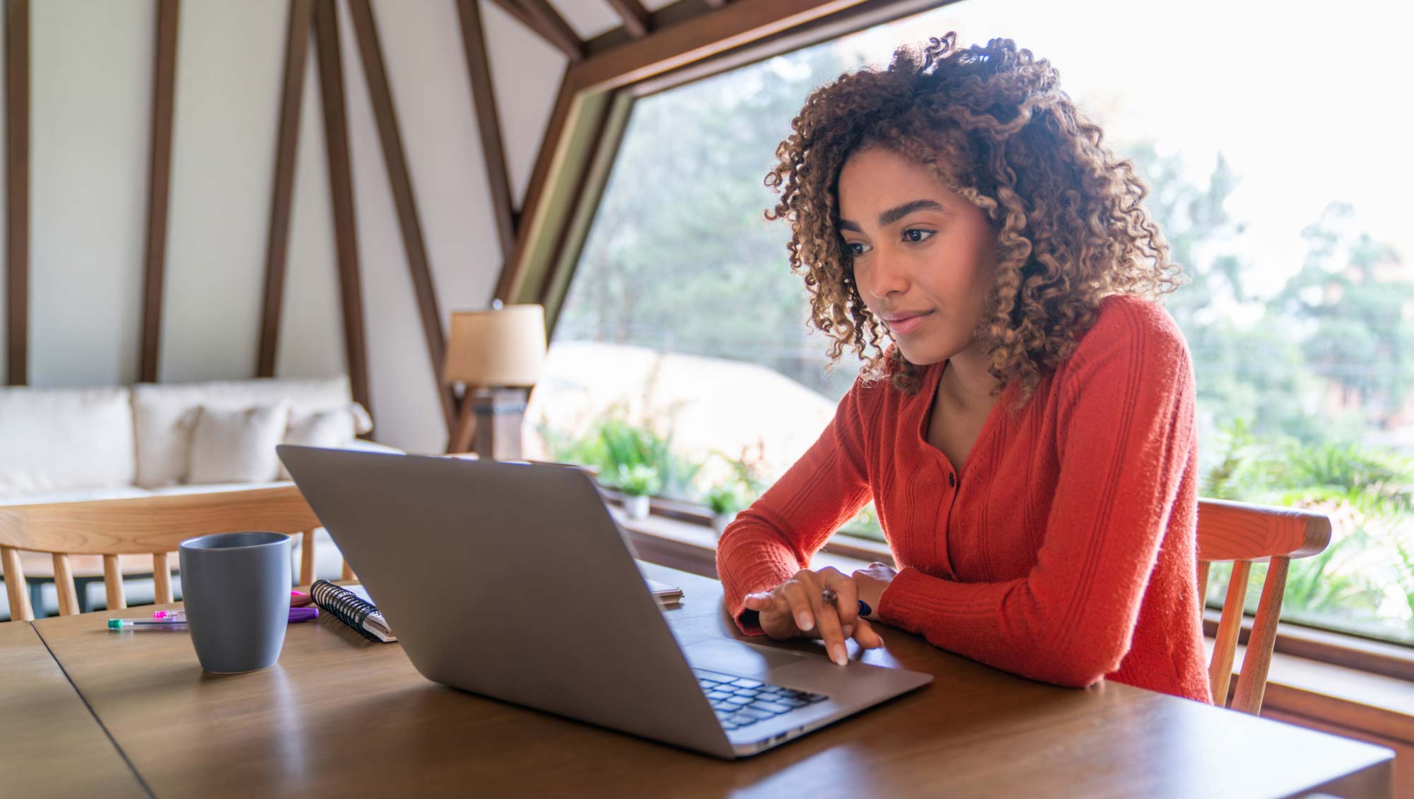 Young woman researching at home using her laptop computer