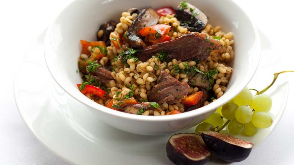 beef and barley salad in a bowl