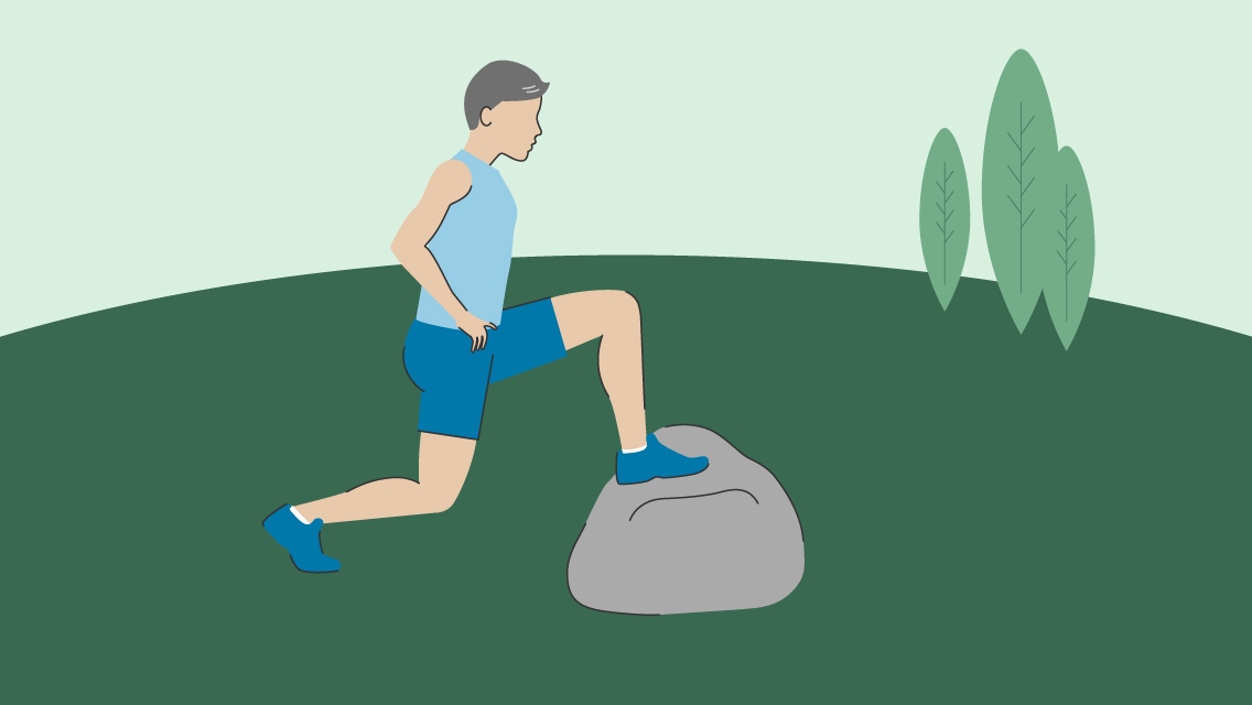 An illustration of a man doing a lunge on a rock outside.