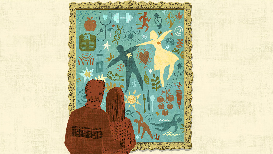 illustration of a couple looking at artwork comprised of aspects of healthy living