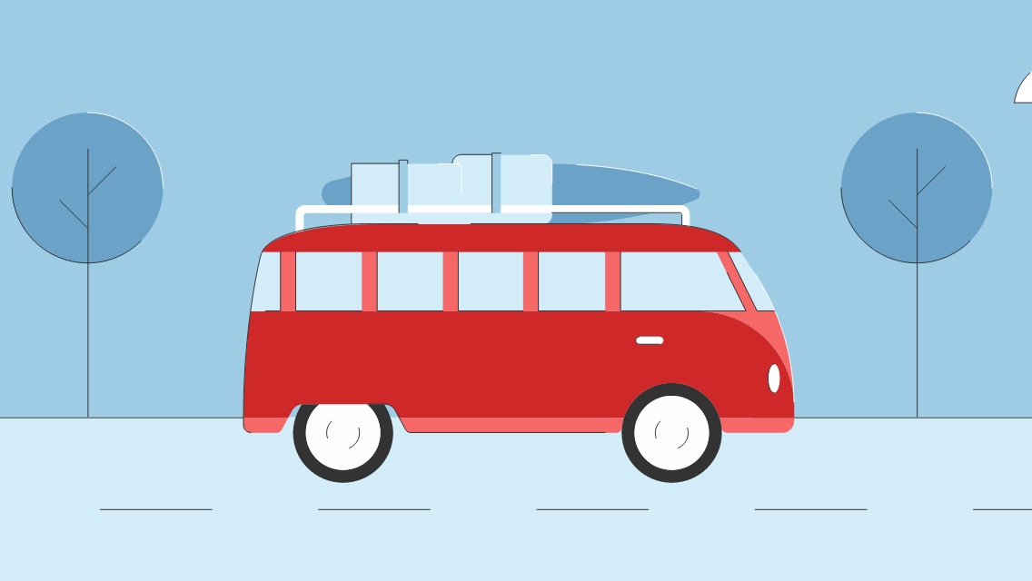 An illustration of a van driving on the road.