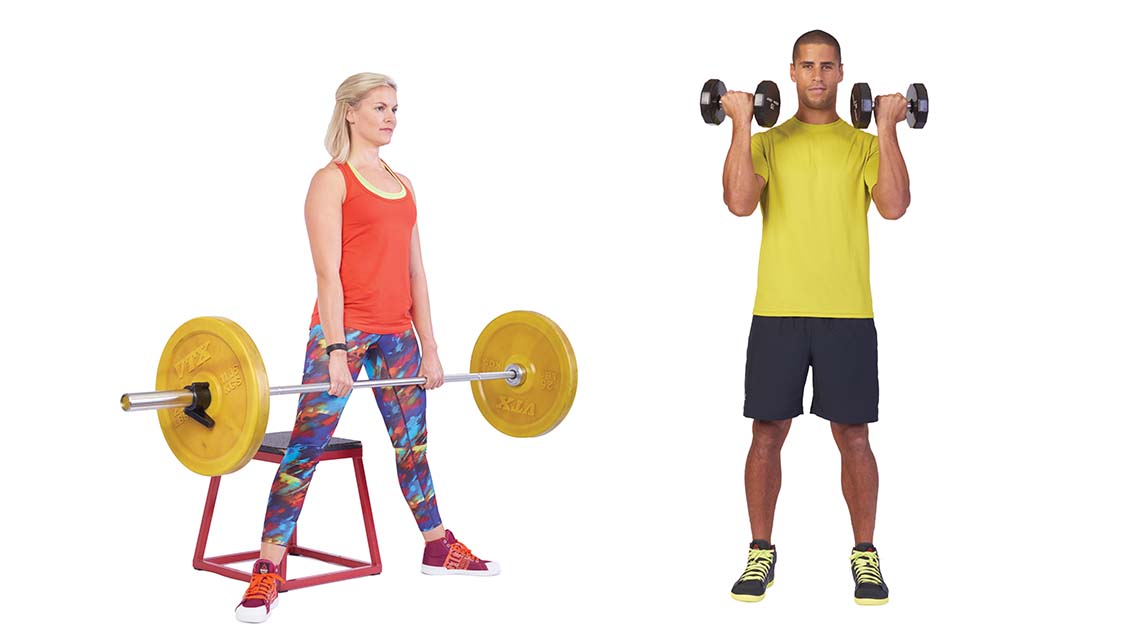 a man and woman perform basic strength moves