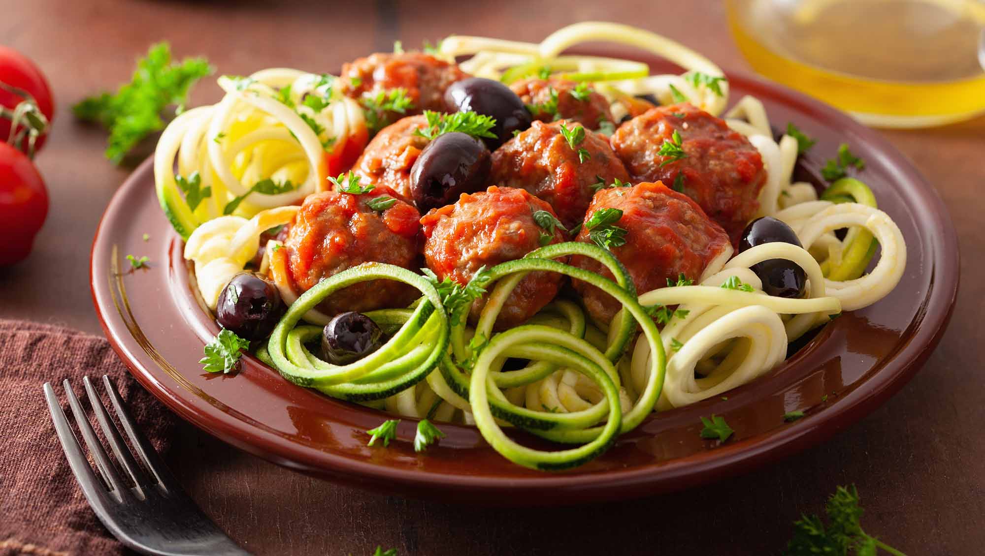 meatballs and veggie on zoodles