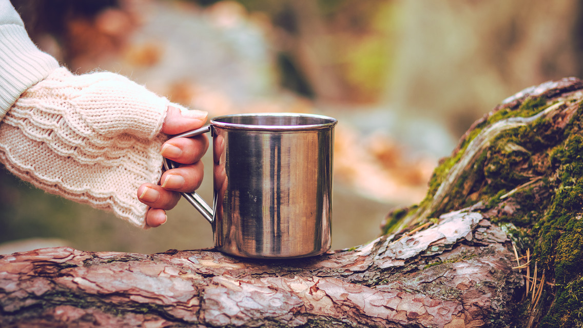 a woman holds. metal coffee mug on a stree branch