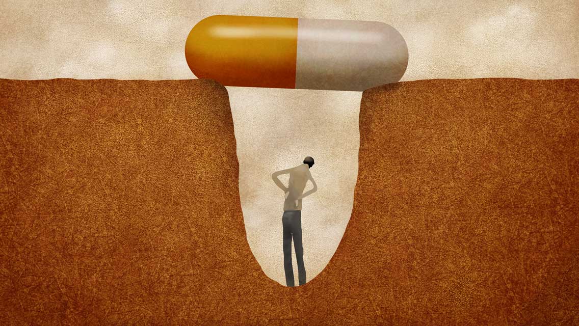 illustration of a person in pain with a large pill