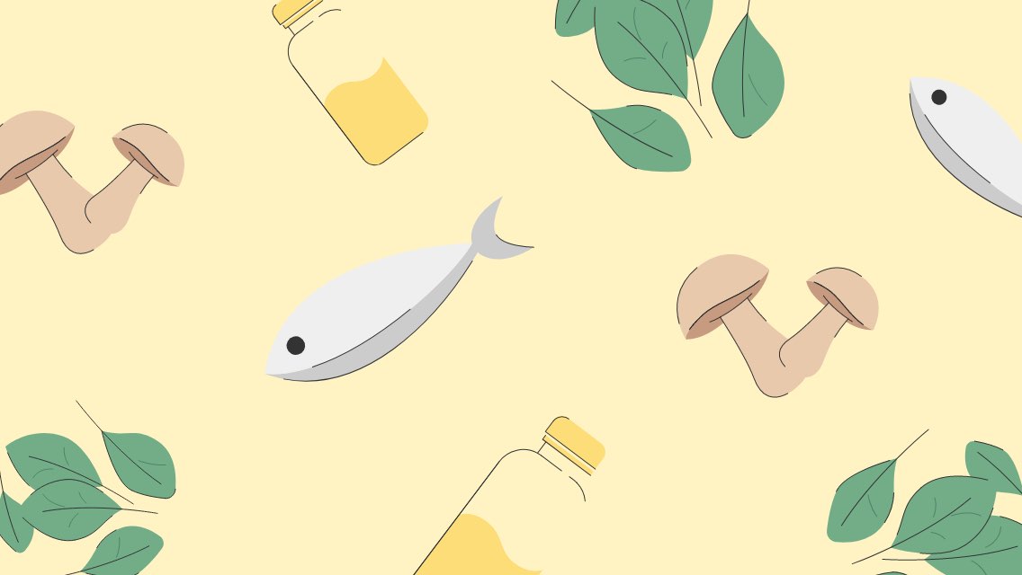 An illustration of fish, mushrooms, spinach, and a bottle of oil.