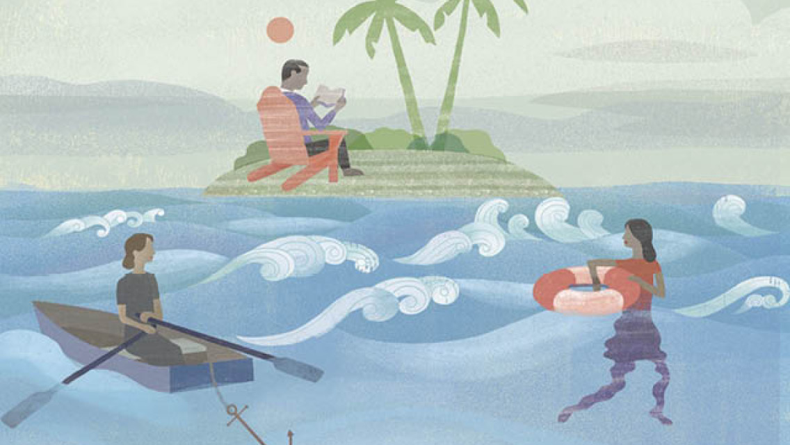 Illustration with person in a boat, on an island, and floating in water