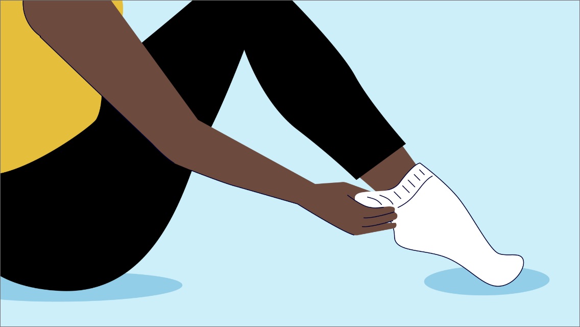 Illustration of a person putting on a sock.