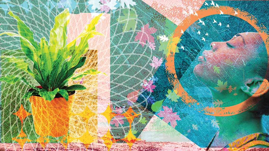 Photo illustration of houseplant and woman taking a deep breath