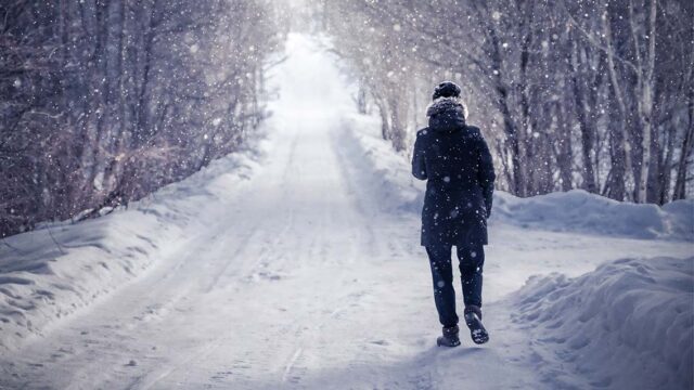 a person walks down a snowy, desolate road