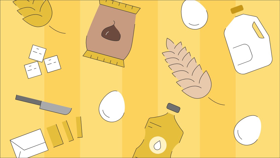 Illustrations of various ingredients for baking, including milk, flour, oils, eggs, butter, and sugar.