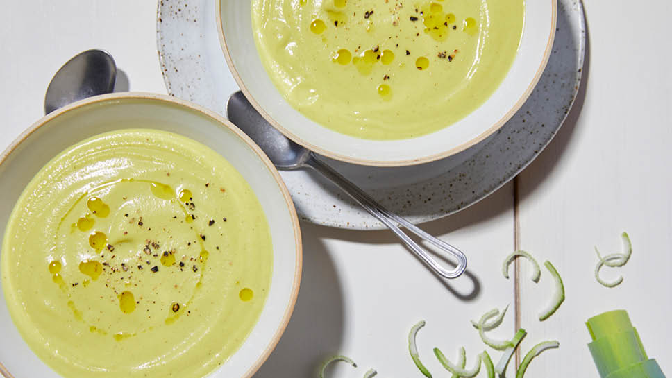 Two bowls of cauliflower soup.