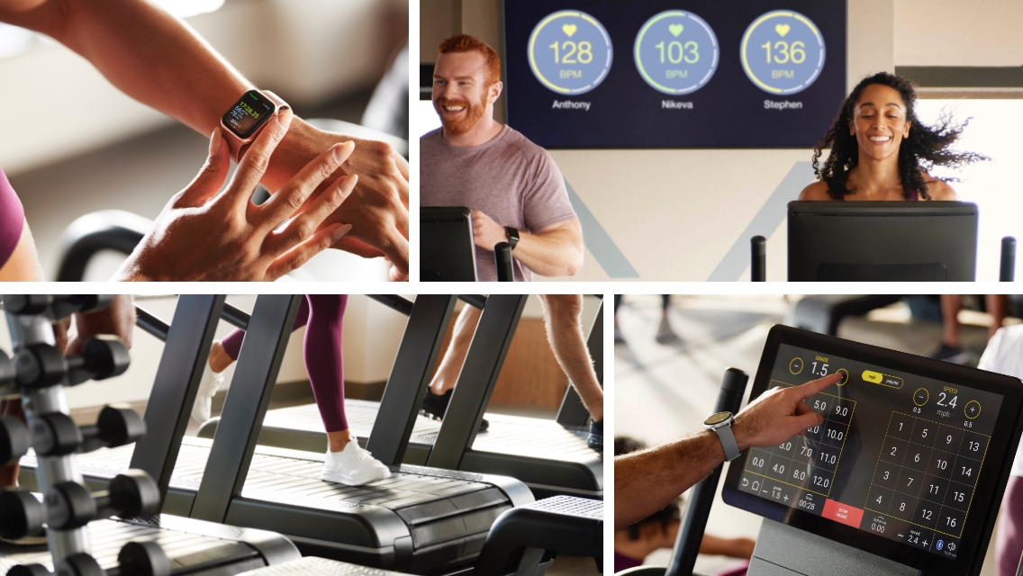 A collage of four images of people utilizing heart-rate training while working out.