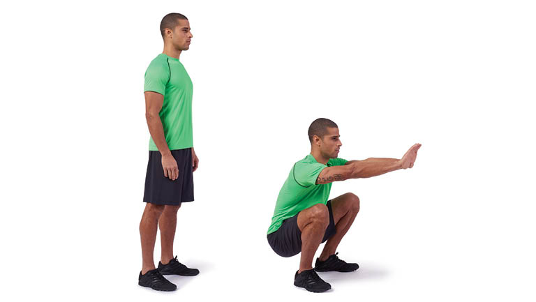 A man performs a deep body-weight squat.