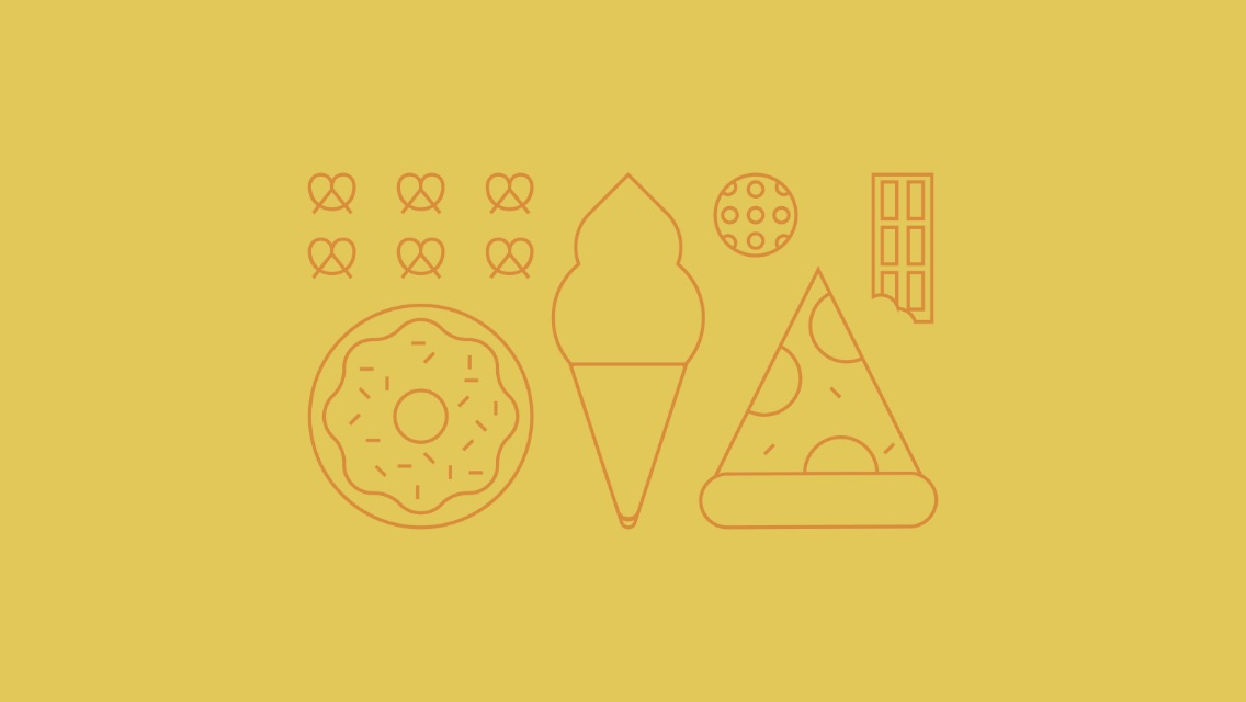 Illustration of pretzels, a donut, ice cream, pizza and a chocolate bar.