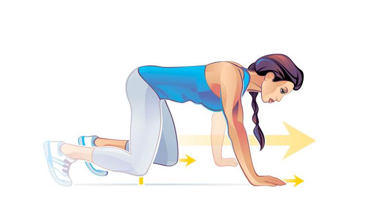 Illustration of a woman doing a forward-traveling beast move.