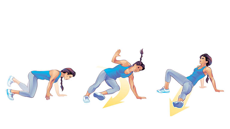 Illustration of a woman doing a side kickthrough move.
