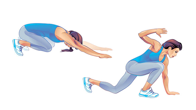 Illustration of a woman doing a front step move.