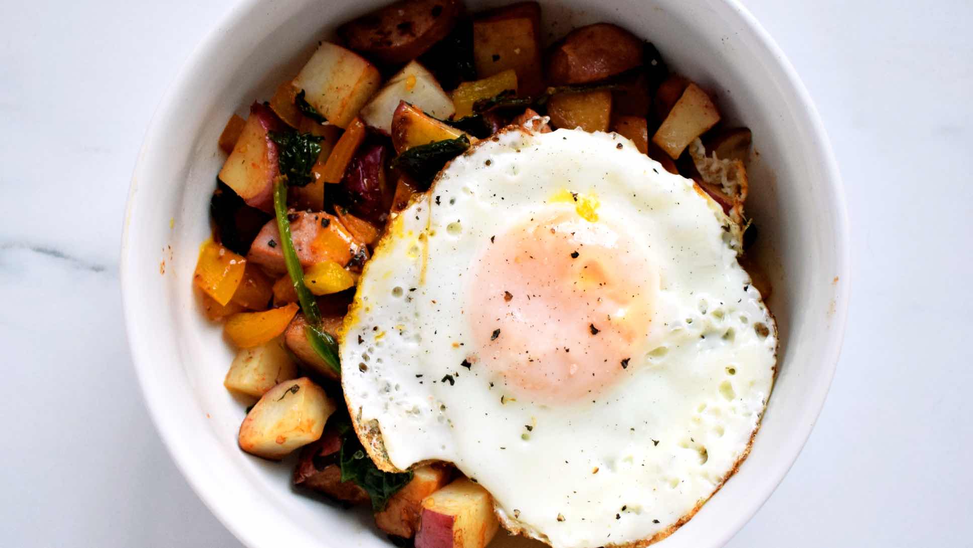 Brinner bowl, including potatoes and an egg.