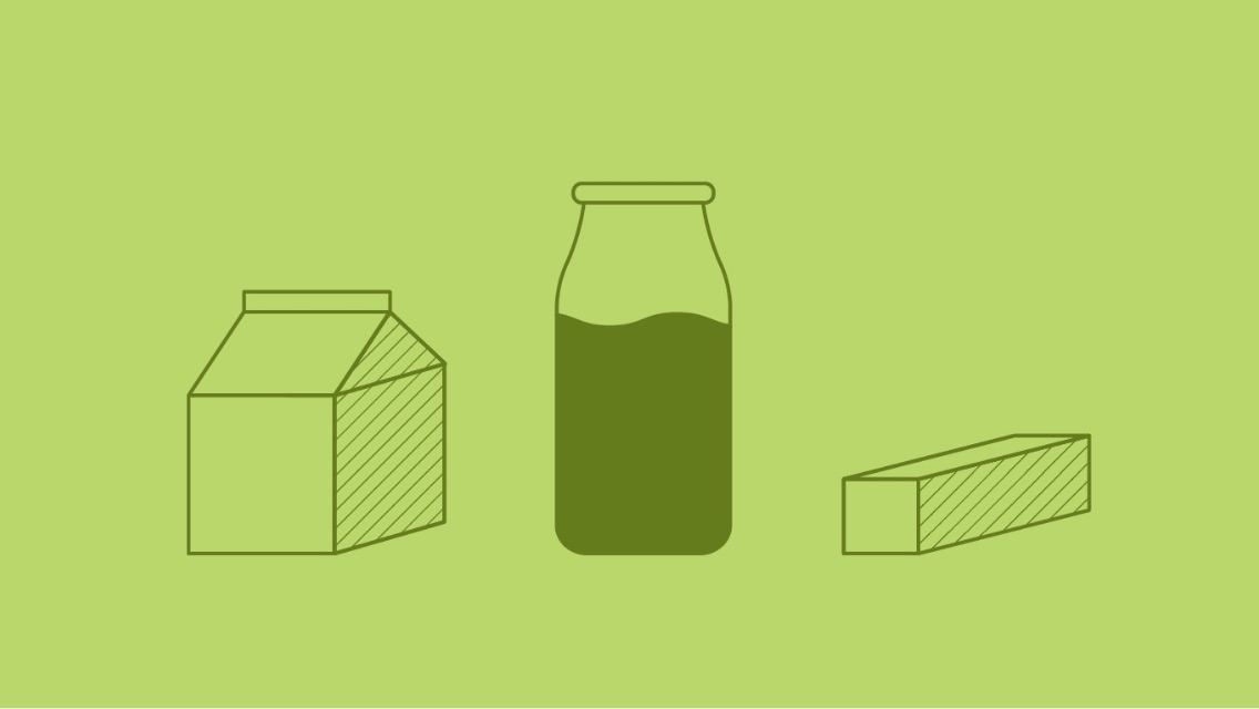 Illustration of a carton of cream, jug of milk, and stick of butter.