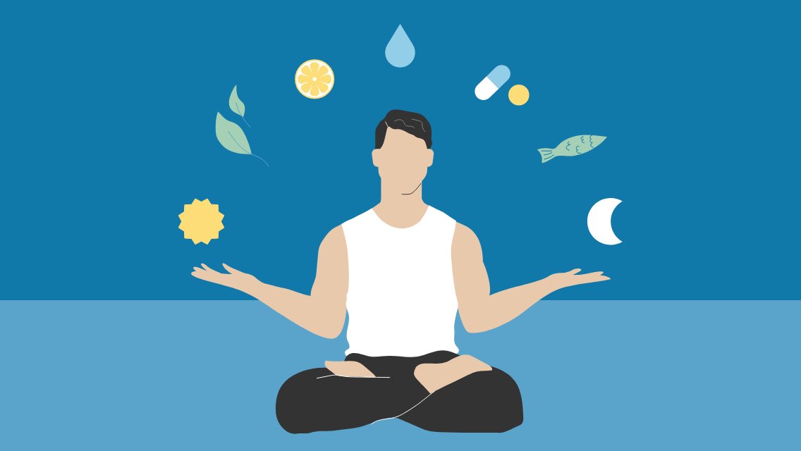 An illustration of a man sitting cross-legged holding up his hands with a half circle of illustrations of sun, water, fish, moon, supplements, and more above his head.