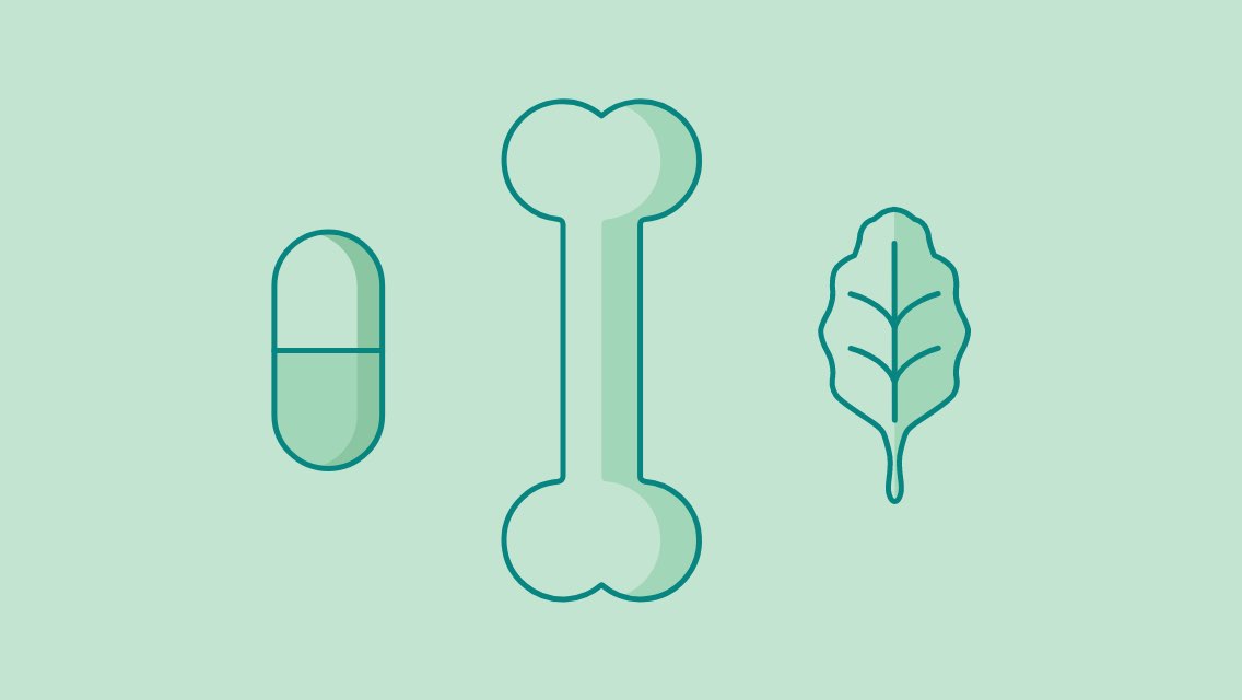 Illustration of a bone, pill, and leafy green.