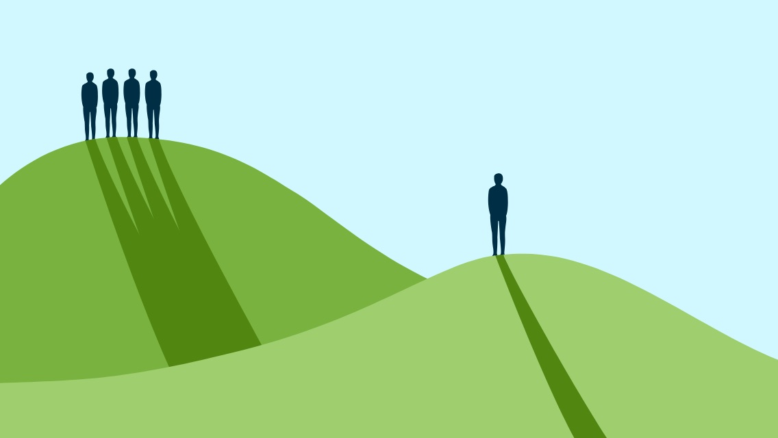 An illustration of four people on a hill staring at a single person on another hill.