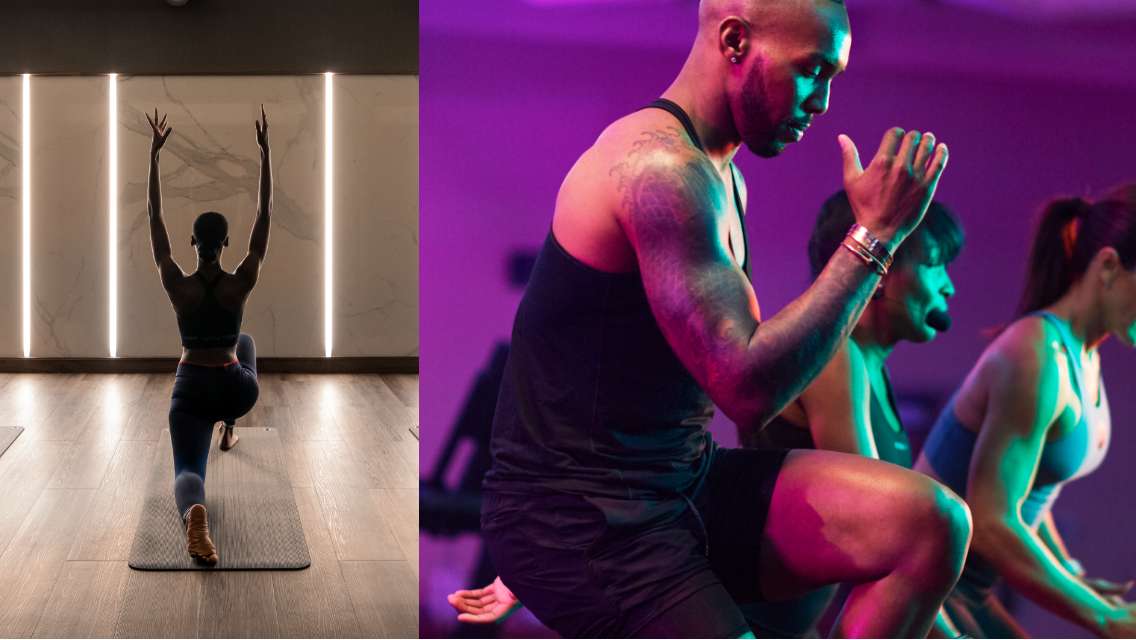 A side-by-side photo of someone in a yoga pose in a studio class and a group of people participating in an Ultra Fit class.
