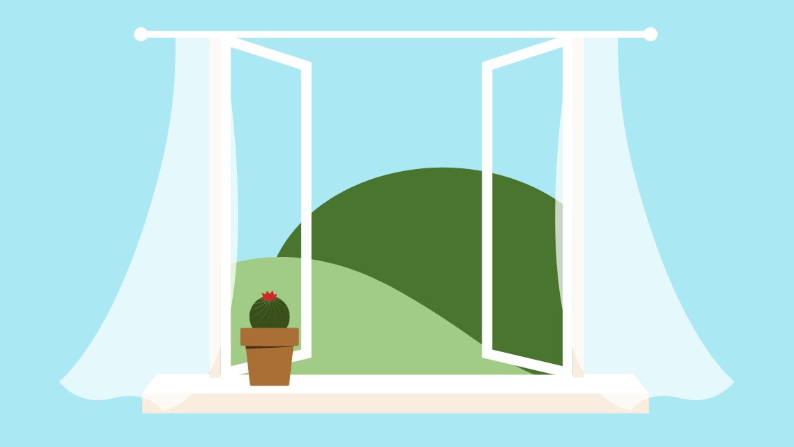 An illustration of a home window with hills outside and a plant on the windowsill.