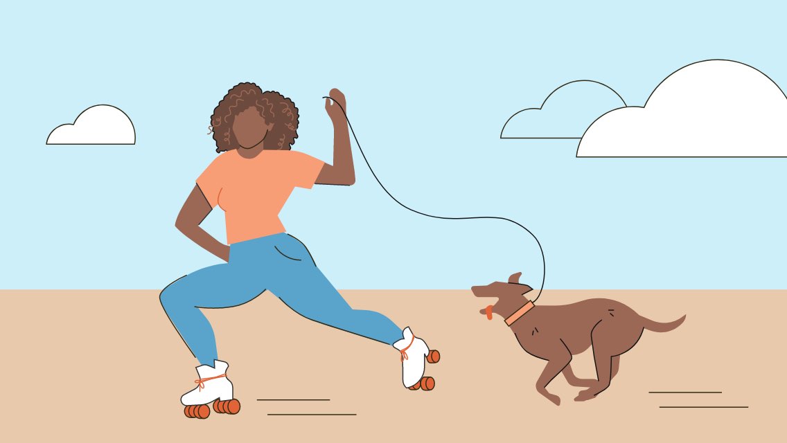 An illustration of a woman rollerskating with her dog on a leash.
