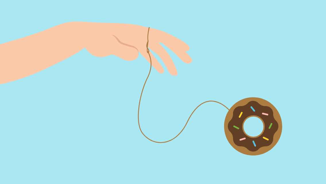 An illustration of a person holding a donut on a long piece of sting that looks like a yo-yo.