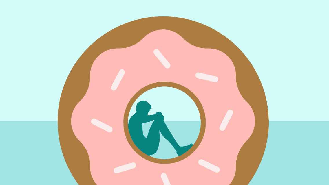 An illustration of a depressed person sitting inside the whole of a donut.