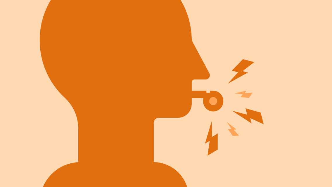 An illustration of a man's head blowing a whistle.