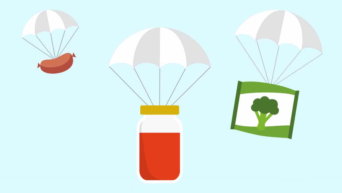 Illustration of a jar, bag of frozen broccoli, and pre-cooked sausage falling from the sky with a parachute attached to them.