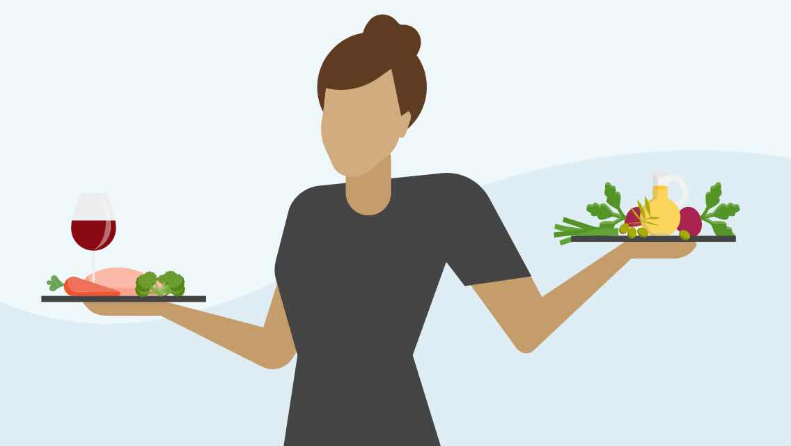 An illustration of a woman holding a plate of food in each of her hands, almost as if she's weighing the weight of them.