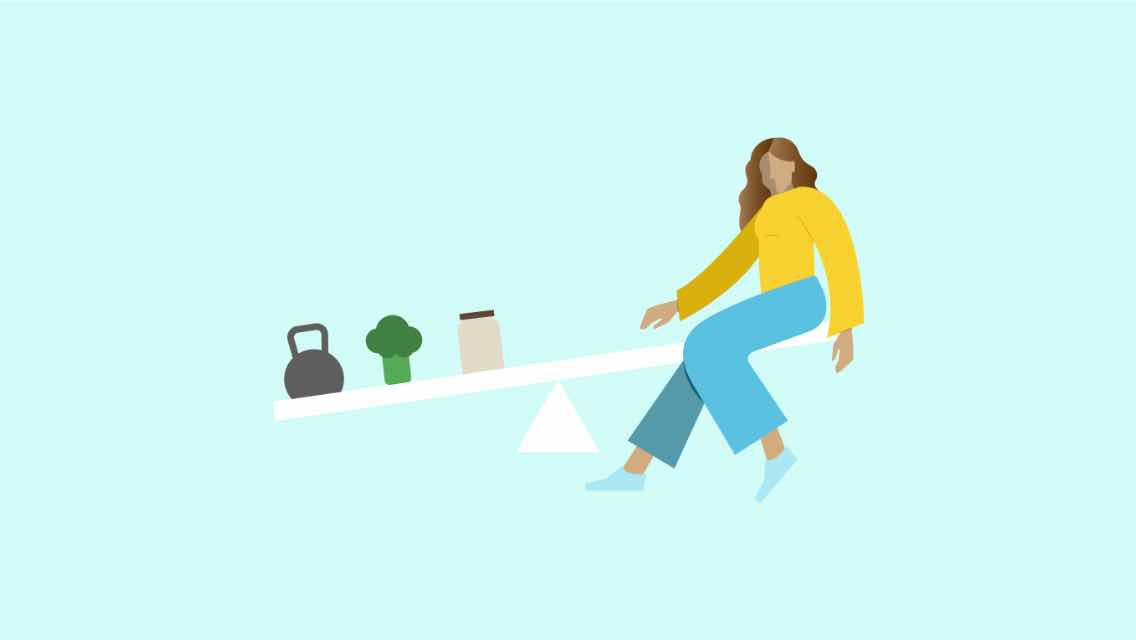 An illustration of a woman sitting on one side of a seesaw-type scale, with broccoli, a kettlebell, and jar on the other side.