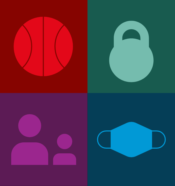 An illustration of water, a basketball, kettlebell, mask, book, and a parent and child.